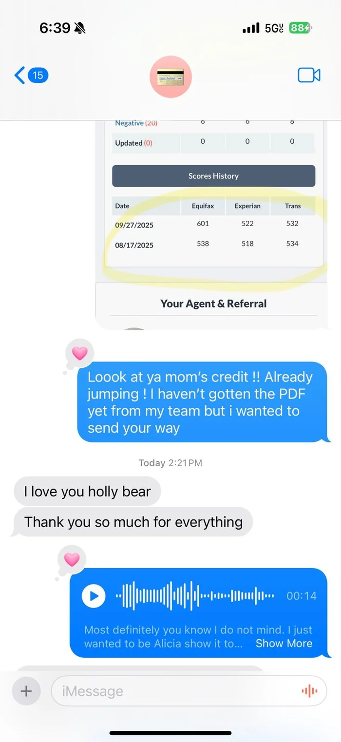 Client text: look at ya mom's credit, I love you Holly bear