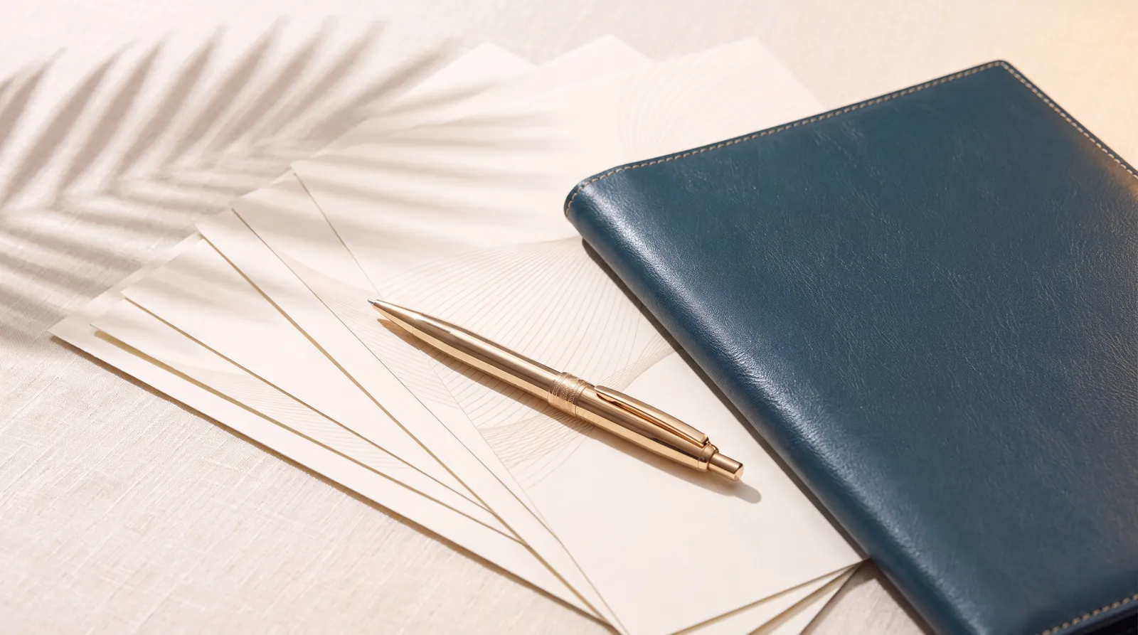 Manicured hands with a gold pen over credit documents and a boarding-pass card, ready to file