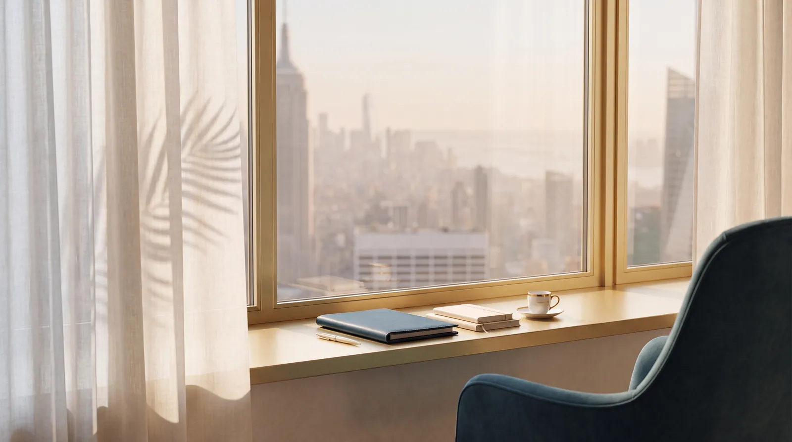 A skyline through the window beside a gold-weighted portfolio handoff, capital in motion