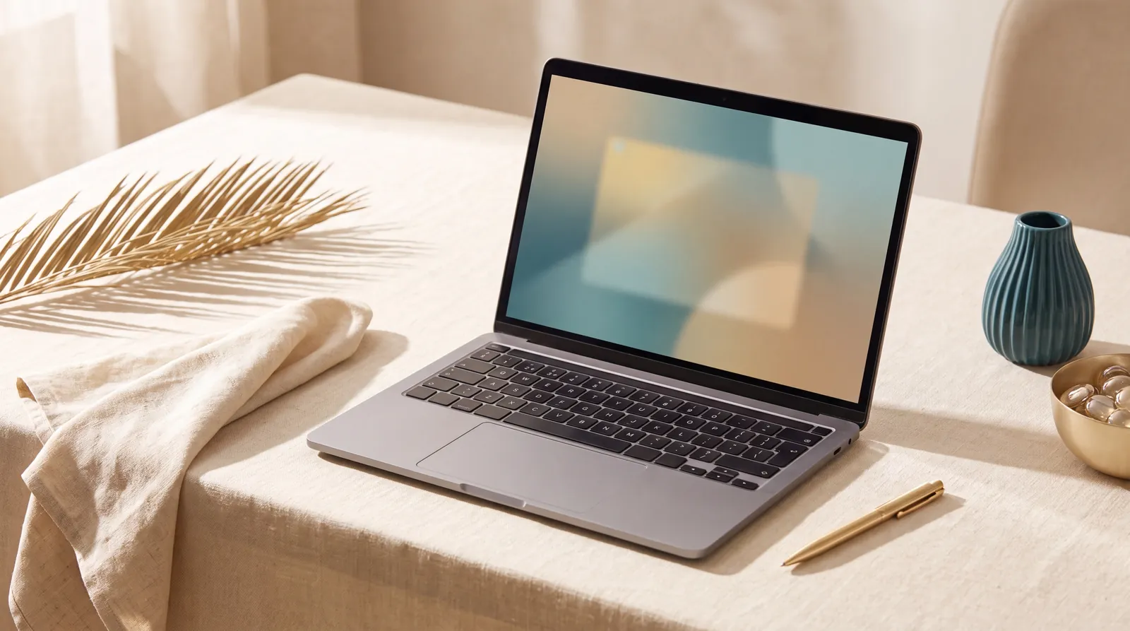 Tasteful abstract UI screens on a desk, styled without any readable fake data